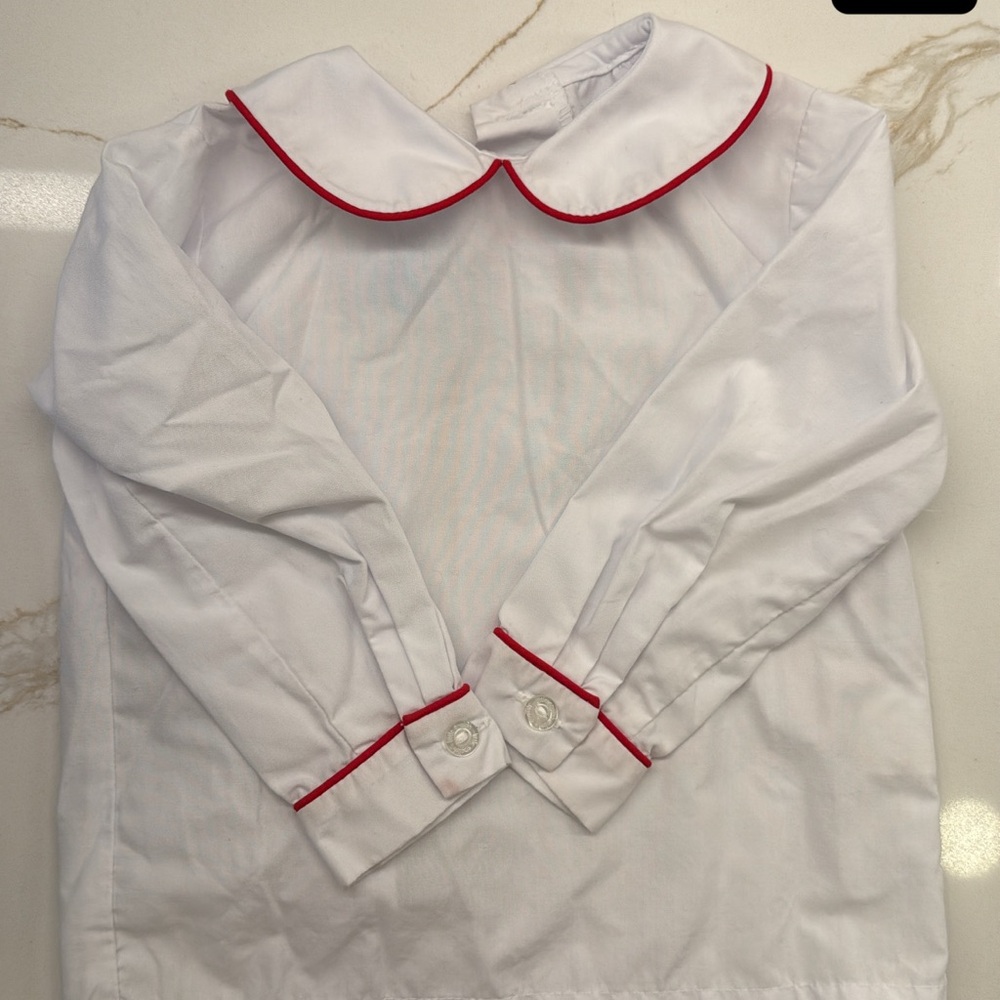 Little English White Long Sleeve Shirt l, Peter Pan collar with Red Trim